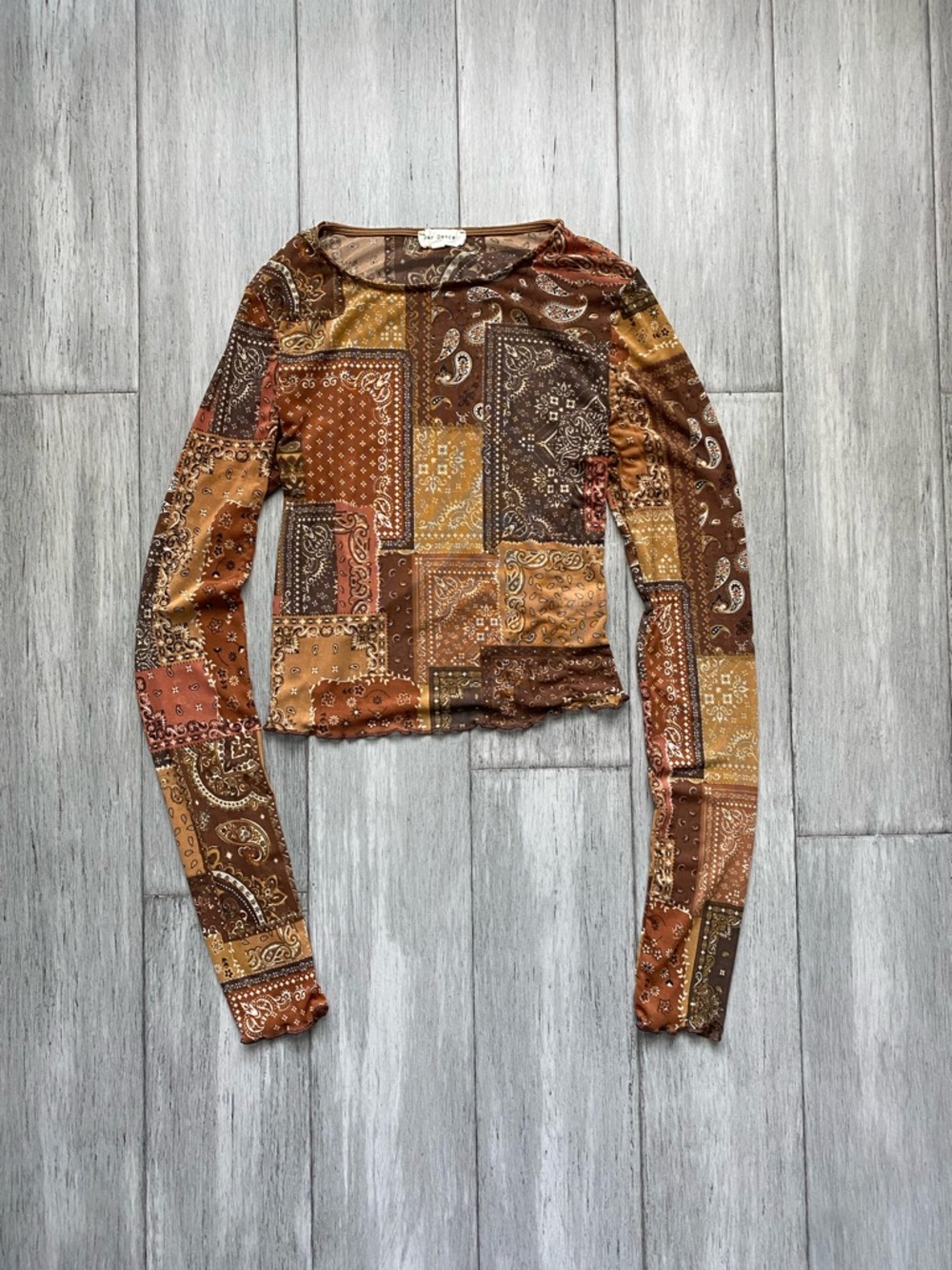 Bear Dance Womens Long Sleeve Patchwork Paisley Top Mesh Brown